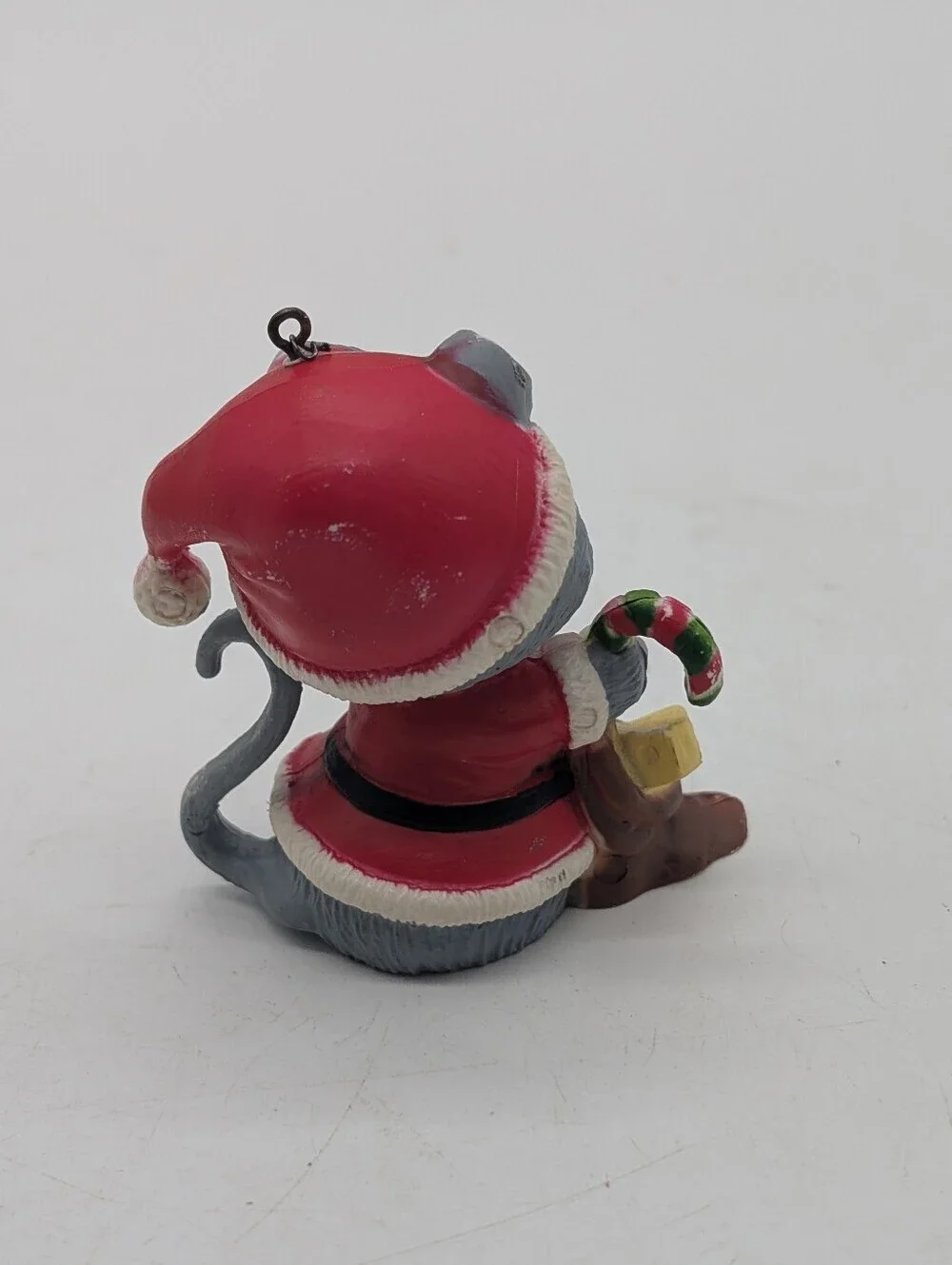 Vintage Christmas Santa Mouse Ornament Holding Candy Cane Gift Sack Kitsch
